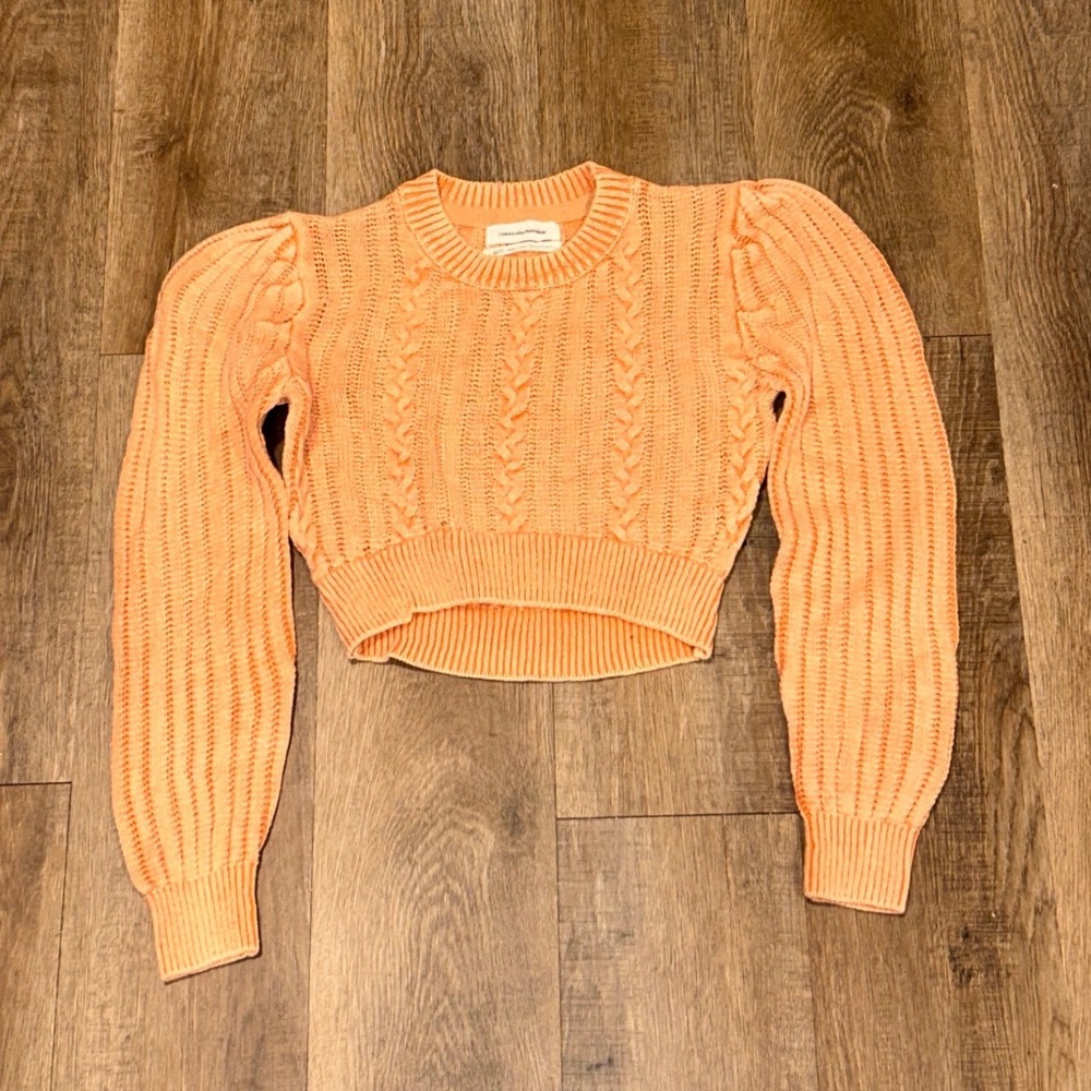 Urban Outfitters Cozy Peach Cable Knit Cropped Puff Sleeve Sweater XS OB1248925